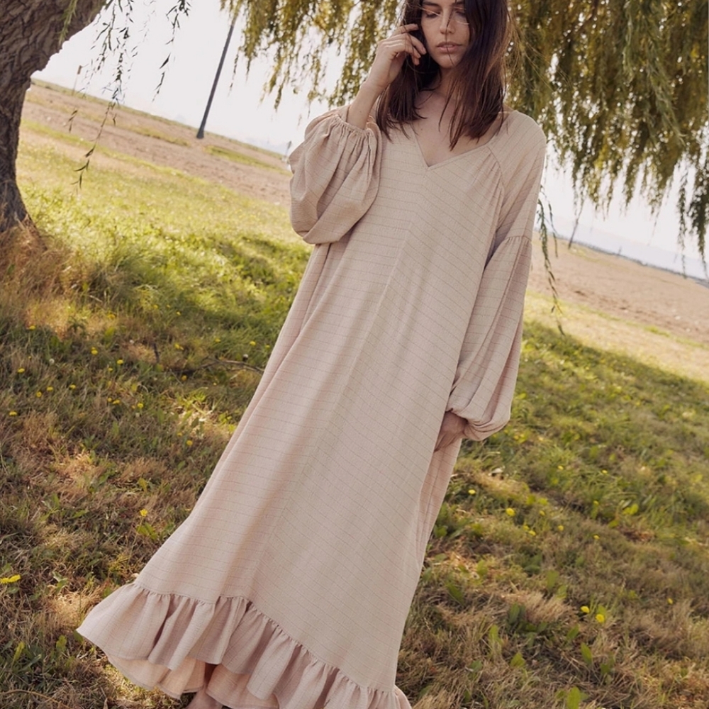 Christy Dawn Beige Maxi Dress with Ruffle Hem